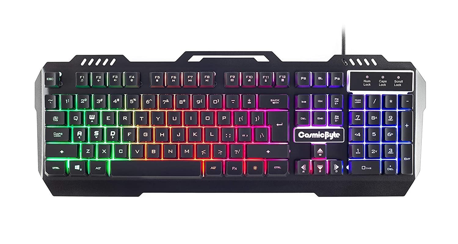 A gamer's hands on the best gaming keyboard with RGB under 1000, illuminated in multiple colors