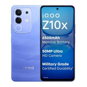 A full table comparison of vivo T4X vs iQOO Z10x showing detailed specifications for performance, camera, and battery.