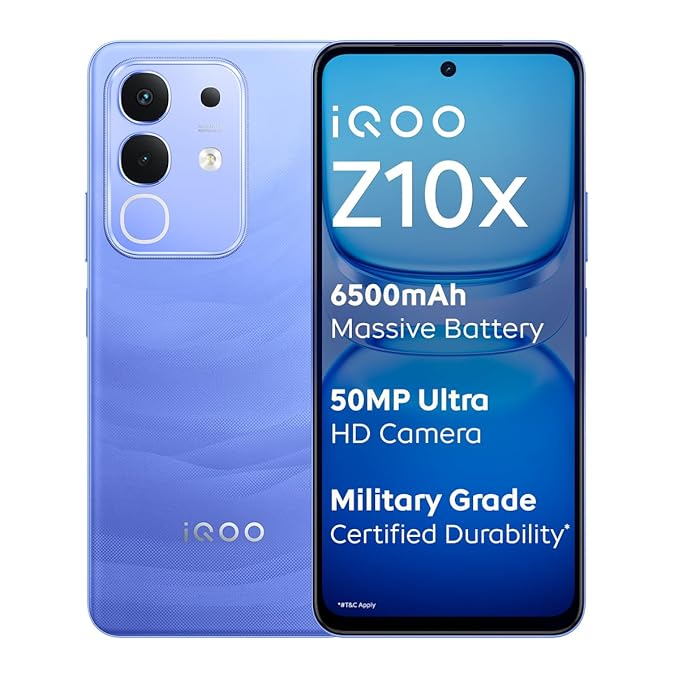 A full table comparison of vivo T4X vs iQOO Z10x showing detailed specifications for performance, camera, and battery.