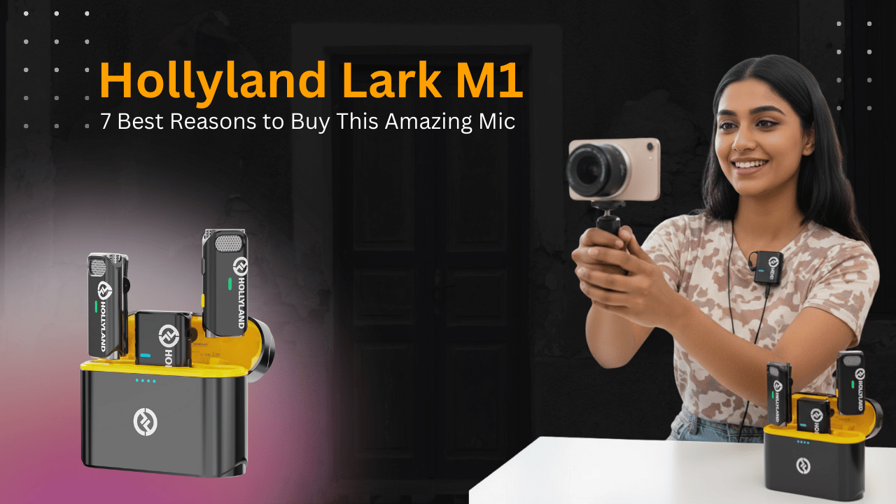 Hollyland Lark M1 wireless microphone system with charging case.
